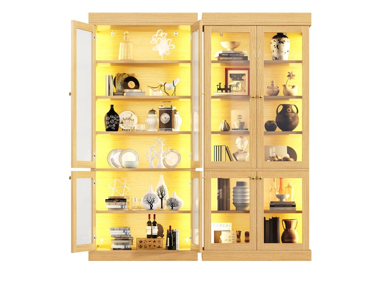 Armoire haute avec vitrine en verre et éclairage led réglable - lpospi - rangement sécurisé mdf naturel - Conforama A