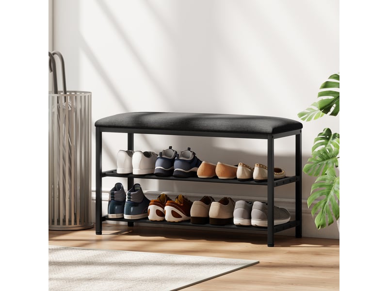  Banc à chaussures avec assise, banc avec espace de rangement, étagère à chaussures à 2 compartiments ouverts, banc 81 x 31 x 50 cm noir  - Conforama D