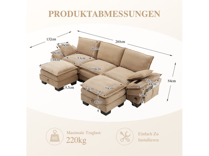  Canapé modulable 3 places en velours côtelé kaki avec 2 poufs de rangement et usb-c pour le salon au quotidien  - Conforama C