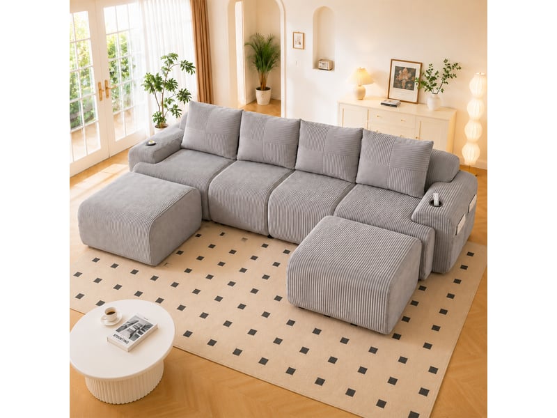  Canapé modulable, canapé de salon, en velours tricoté, gris clair, porte-gobelets  - Conforama A