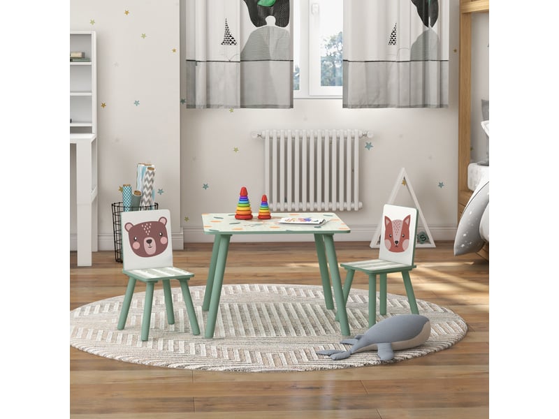 Ensemble de salon pour enfants de 3 à 8 ans, comprenant une table et deux chaises, avec un joli motif d'animaux, de couleur verte.  - Conforama C