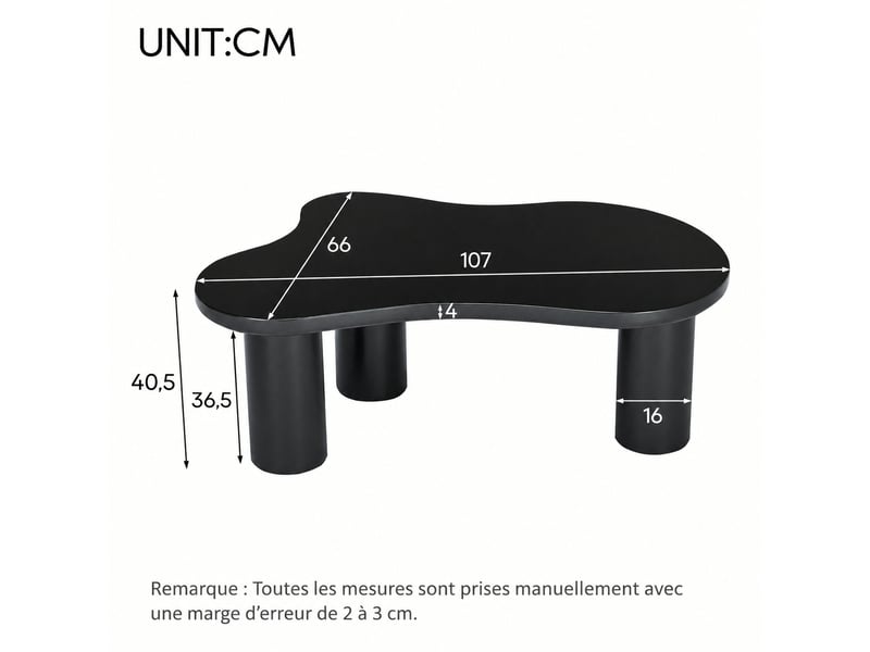  Table basse en forme de nuage noir, plateau en mdf avec finition laquée lisse, 107x66x40,5 cm  - Conforama C