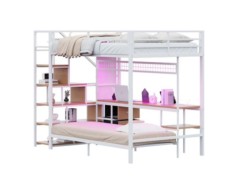 Lit mezzanine métallique 140*200 et 90*200 cm blanc, bureau, led, prises et rangements.  - Conforama A