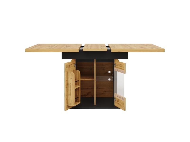  Table à manger extensible 110-140x80x76 cm pour 4-6 personnes, rangement intégré et led pilotée, mdf et verre, noir et naturel  - Conforama E