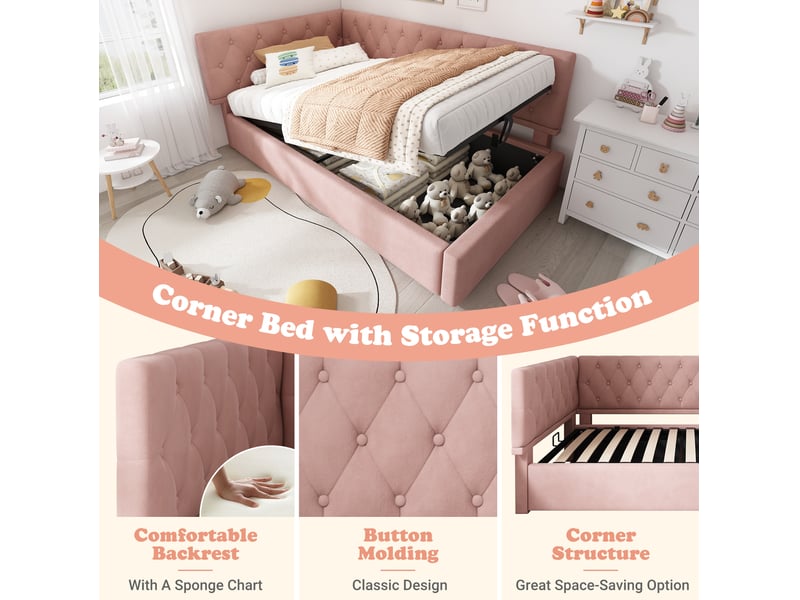  Lit coffre 90x190 cm avec dossier réversible, métal, rose, sans matelas  - Conforama E