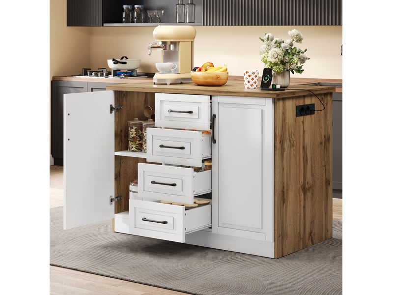 Îlot de cuisine 120x60x90 cm avec 4 tiroirs, prises et ports usb, blanc et bois naturel - Conforama C