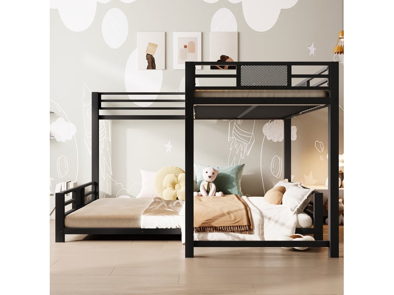  Lit superposé en métal 90x200 et 140x200, gain de place et sécurité, noir, sans matelas  - Conforama B