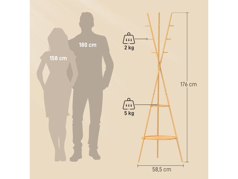 Porte-manteau sur pied avec 9 crochets et 2 étagères pour l'entrée, naturel 837-739V00ND - Conforama C