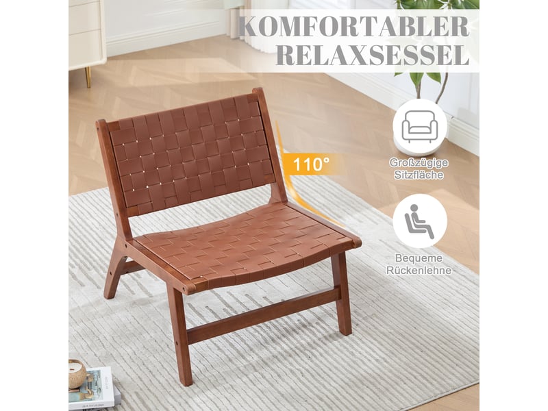 Fauteuil tressé sans accoudoirs avec assise basse et structure en bois, revêtement pu marron, 71 × 66 × 72 cm - Conforama E