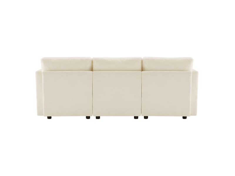  Canapé d'angle 218x156,5 cm avec pouf et accoudoirs réglables en chenille beige  - Conforama D