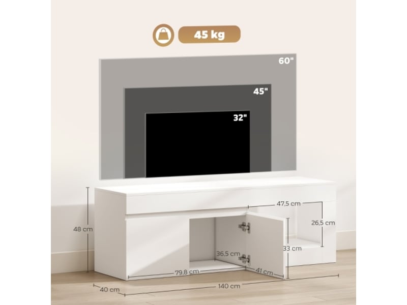  Meuble tv bas moderne blanc 140x40x48 cm, 2 portes, rangement ouvert, poignées, pour tv jusqu'à 60 pouces  - Conforama C