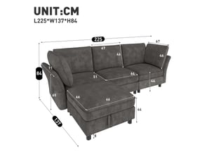 Canapé d'angle modulable 4 places avec pouf coffre de rangement gris