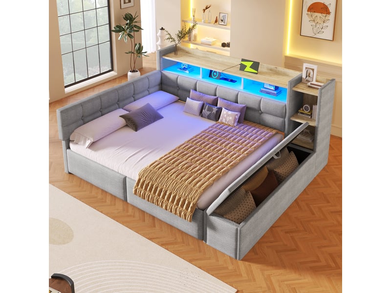  Lit de jour 140 × 190 cm avec deux tiroirs, usb type-c, étagère, led, sans matelas, velours gris, style moderne  - Conforama E