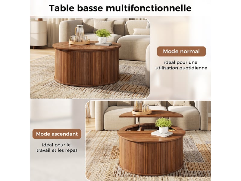 Table basse ronde relevable ø88x53,5 cm avec rangement caché, plateau en 2 parties, façade rainurée, base cylindrique, mdf effet noyer, pour salon - Conforama E