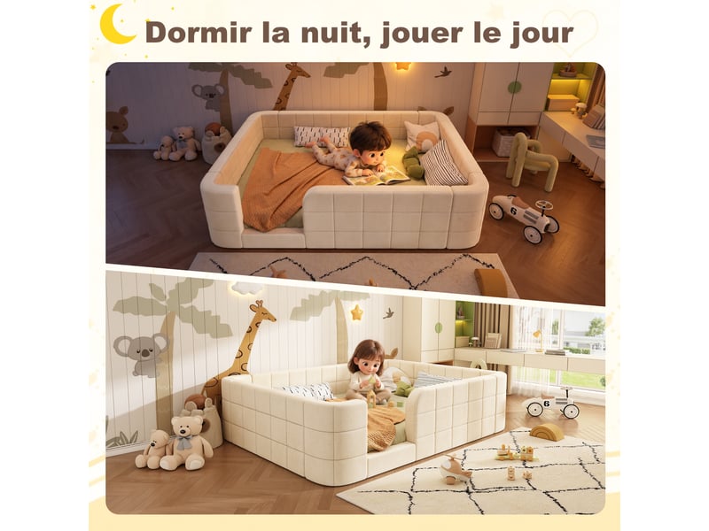 Lit au sol enfant 140x190 cm, lit rembourré, sommier à lattes, couchage confortable pour 2 personnes, support à lattes stable, chenille beige CozyNest - Conforama E