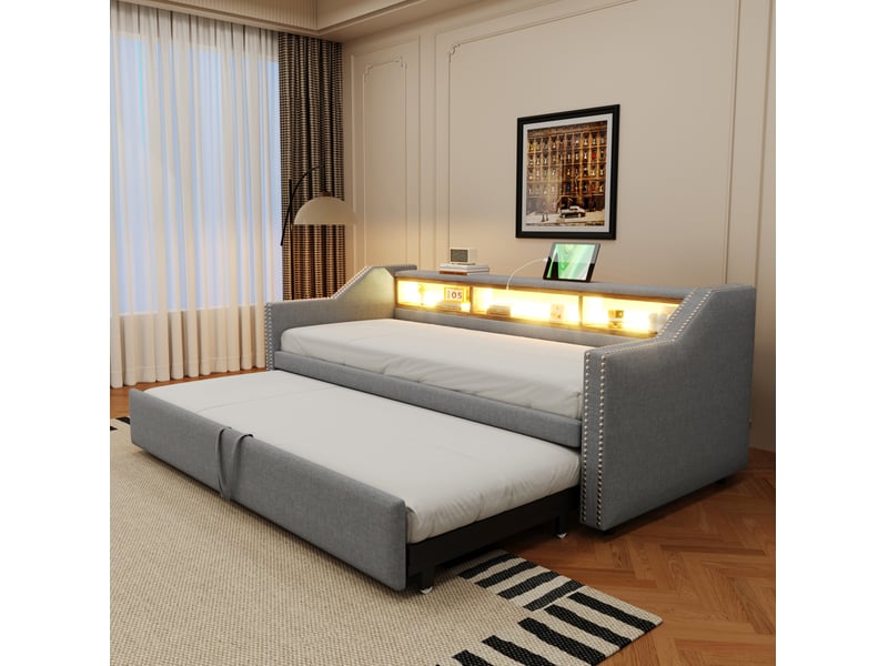 Lit banquette 90 × 190 cm 1 place et 180 × 190 cm 2 places avec 3 niches, led et usb, 2 matelas inclus - Conforama C
