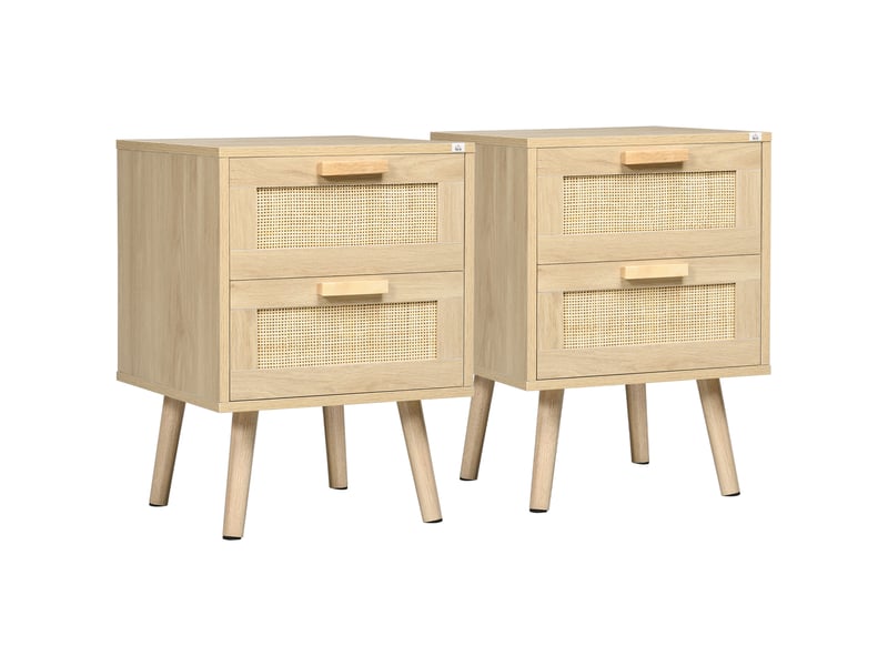  Lot de 2 tables de chevet tables d'appoint 2 tiroirs façades aspect cannage rotin style bohème 40 x 40 x 56 cm naturel  - Conforama A