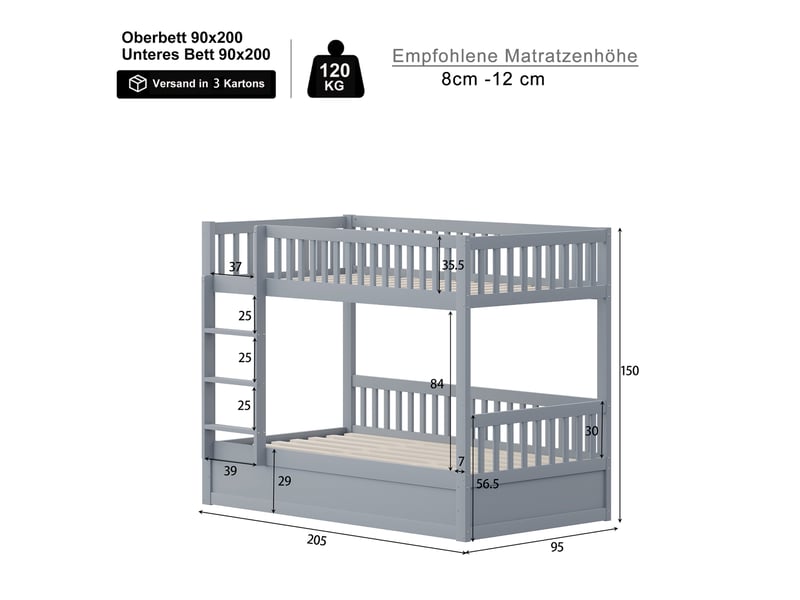  Lit superposé enfant 90x200 cm – gris – rangement hydraulique sous le couchage inférieur – sans matelas  - Conforama C