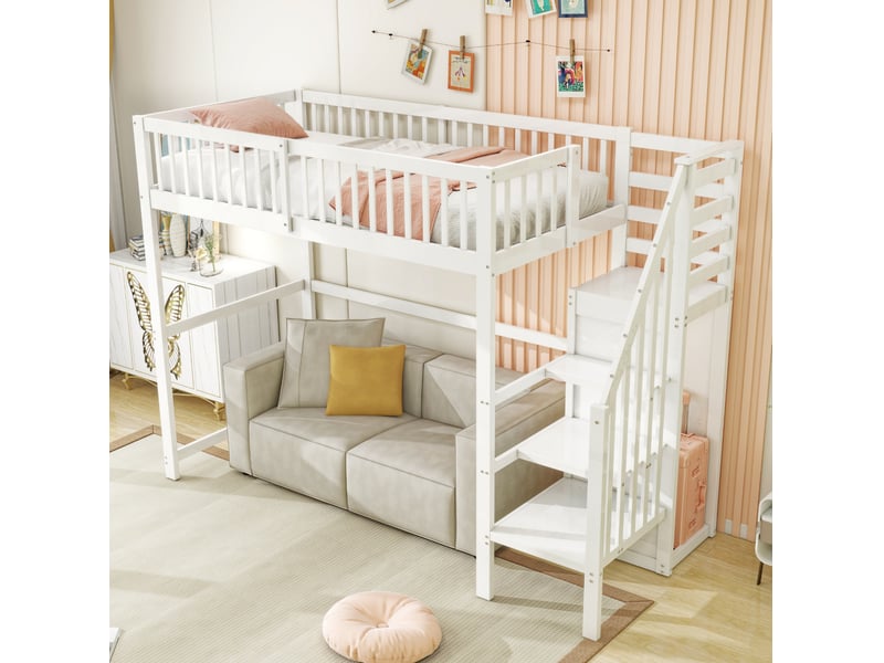  Lit mezzanine enfant 90x200 cm avec échelle, rangement et armoire, blanc  - Conforama D