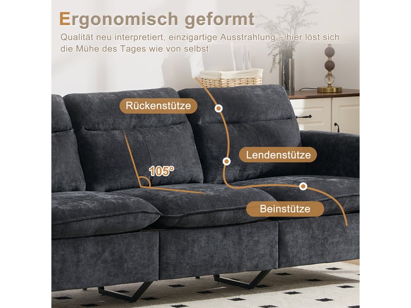  Canapé fixe, 3 places, d'angle, modulaire, avec rangement, angle réversible, en tissu chenille Noir - Conforama E