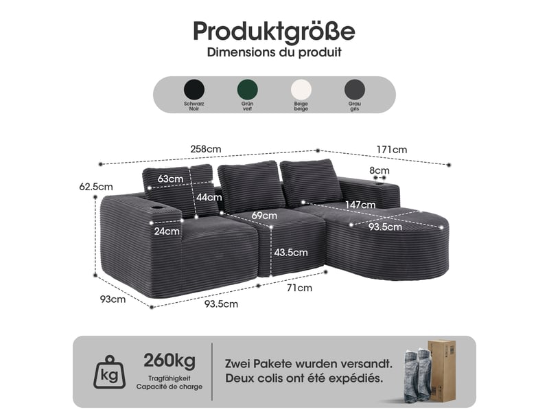 Canapé droit 2 places avec 3 coussins et double porte-gobelet - assise double mousse, polyester gris foncé 265×176×60 cm - Conforama D
