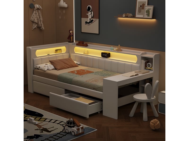  Lit plateforme 90x200 cm avec bureau, 2 tiroirs, led 7 couleurs, ports usb, tissu lin blanc, sans matelas  - Conforama R