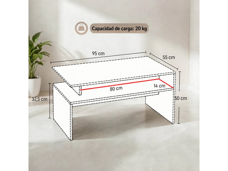  Table basse à niveaux décalés avec étagère de rangement - lpospi - plateau mélaminé mdf noir et bois naturel 95 × 55 cm  - Conforama E