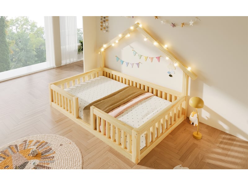 Lit cabane 90x200 cm, structure en bois, coloris naturel, éclairage led, ports usb et usb-c, garde-corps, design cabane, gain de place optimisé - Conforama E