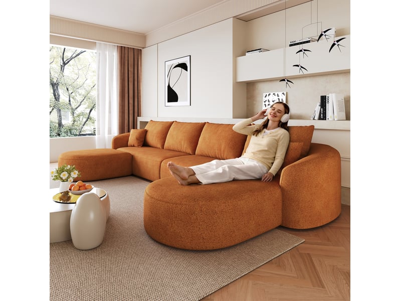 Canapé panoramique en u tcqpz 5 places 336 x 168 x 85 cm modulable en tissu chenille orange - Conforama B