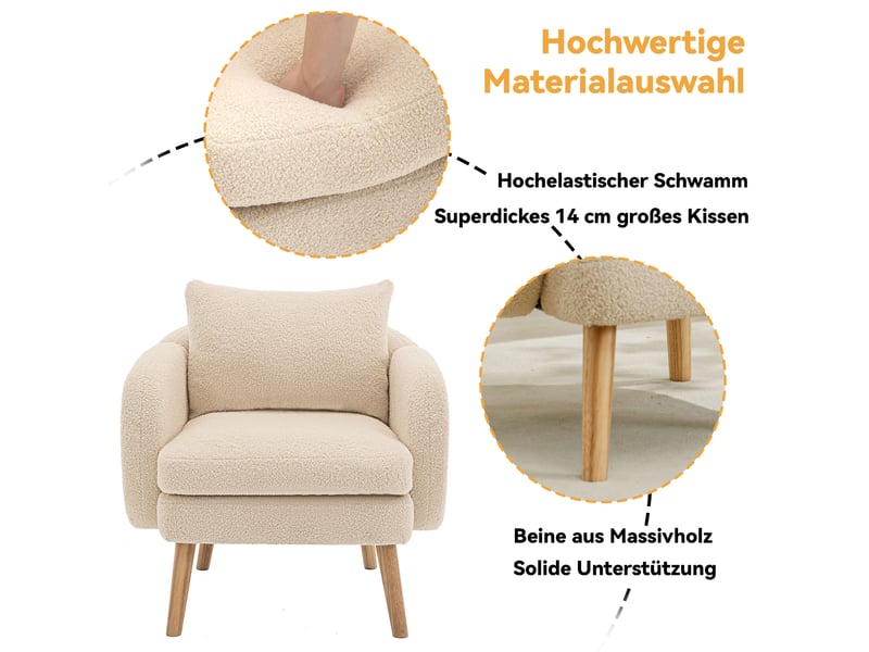  Fauteuil salon moderne en velours teddy beige, coussin amovible, structure bois massif, assise confortable pour intérieur  - Conforama D