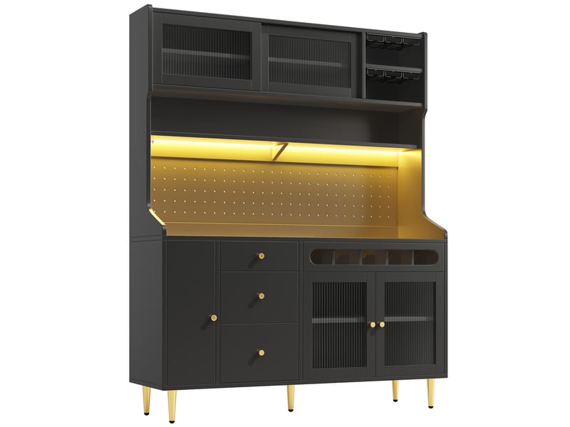  Buffet haut 145x39x171 cm noir, verre et mdf, avec led, étagères réglables et range-vins  - Conforama D