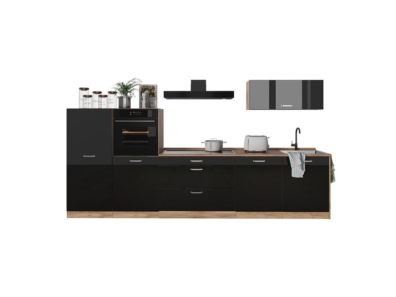 Vicco cuisine, noir haute brillancechêne doré, 340cm sans plan de travail - Conforama E