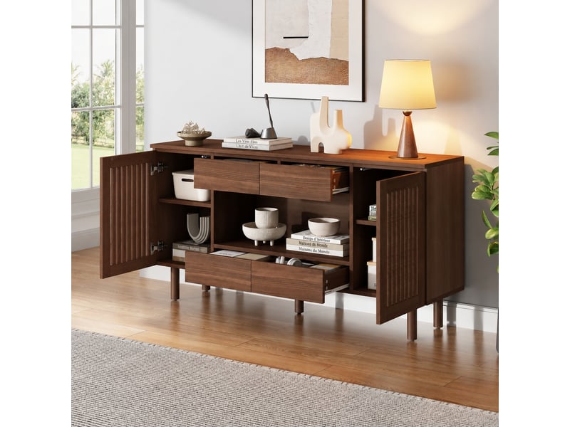 Buffet bas couleur noyer avec portes à lamelles, 140 × 35 × 71 cm - Conforama B