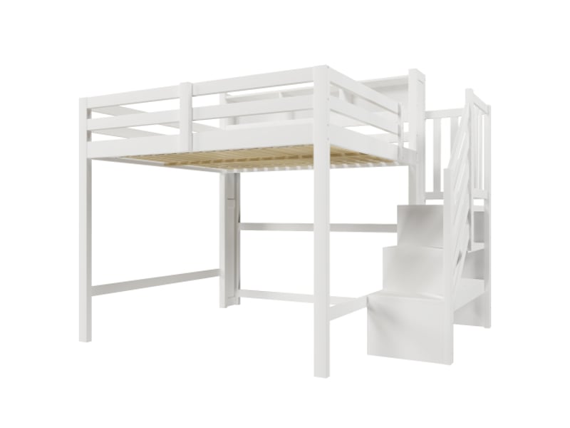 Lit mezzanine blanc 140x200 cm led, rangement sous le lit, échelle avec rangement, niche ouverte, sans matelas - Conforama D
