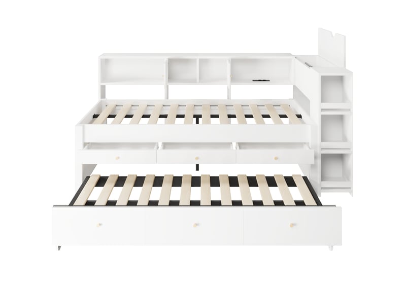  Lit enfant 90x200 cm, lit gigogne, 3 tiroirs et port usb blanc, sans matelas  - Conforama E