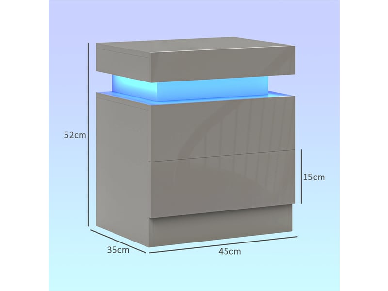  Table de chevet avec éclairage led, 2 tiroirs et commande par application, idéale pour la chambre ou le salon, 45 x 35 x 52 cm, grise  - Conforama E