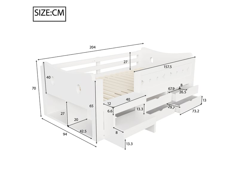  Lit enfant 90 x 200 cm blanc avec rangements, tiroirs, barrières de sécurité, éclairage led et ports usbtype-c  - Conforama E