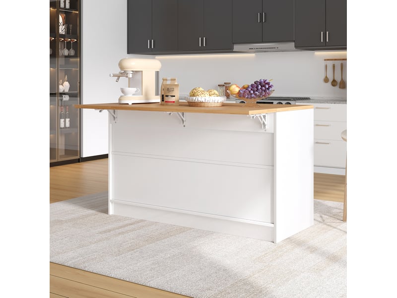 Desserte de cuisine 140x80x90 cm avec plan de travail extensible, 4 tiroirs, 2 armoires, mdf, blanc et naturel - Conforama E