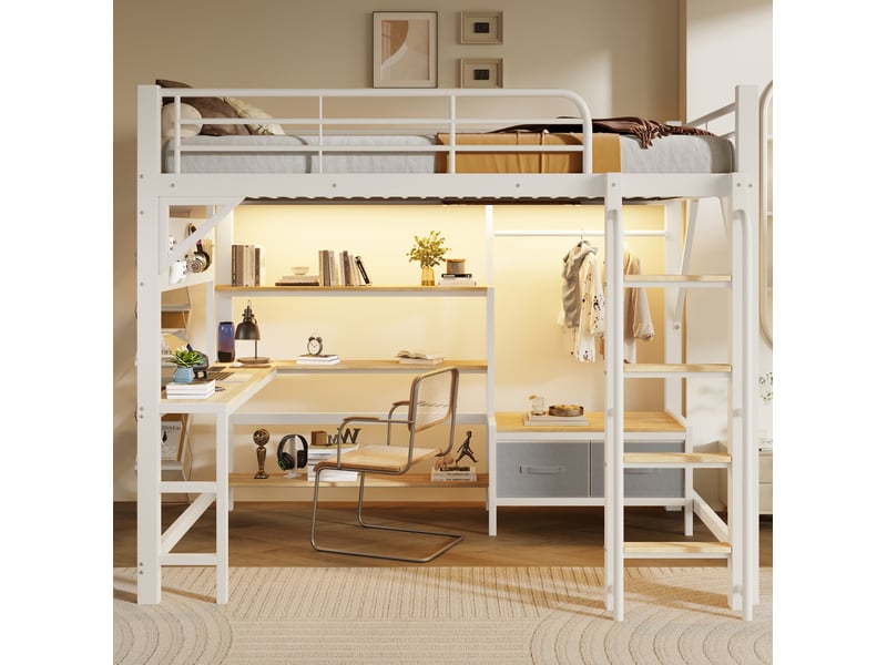 Lit mezzanine enfant 140 x 200 cm en métal et mdf avec bureau, rangement, led et usb blanc chicfurn - Conforama C