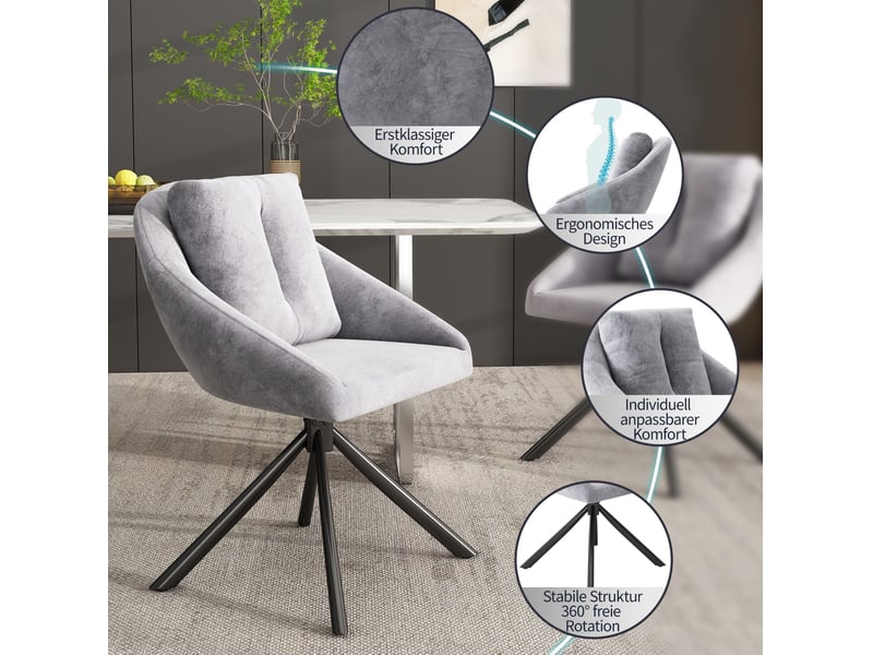 Lot de 6 chaises de salle à manger pivotantes 59 x 65 x 79 cm – gris – velours et rotation 360° - Conforama E