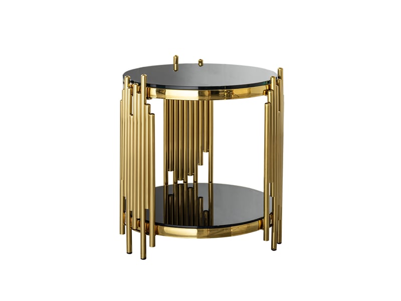  Bout de canapé rond 45x55 cm double plateau verre trempé, acier inoxydable, design luxe noir et doré  - Conforama A