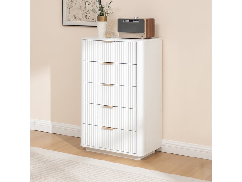 Commode 5 tiroirs, 70x40x108 cm, chiffonnier moderne pour chambre et salon, meuble de rangement en mdf avec coulisses silencieuses, blanc - Conforama W