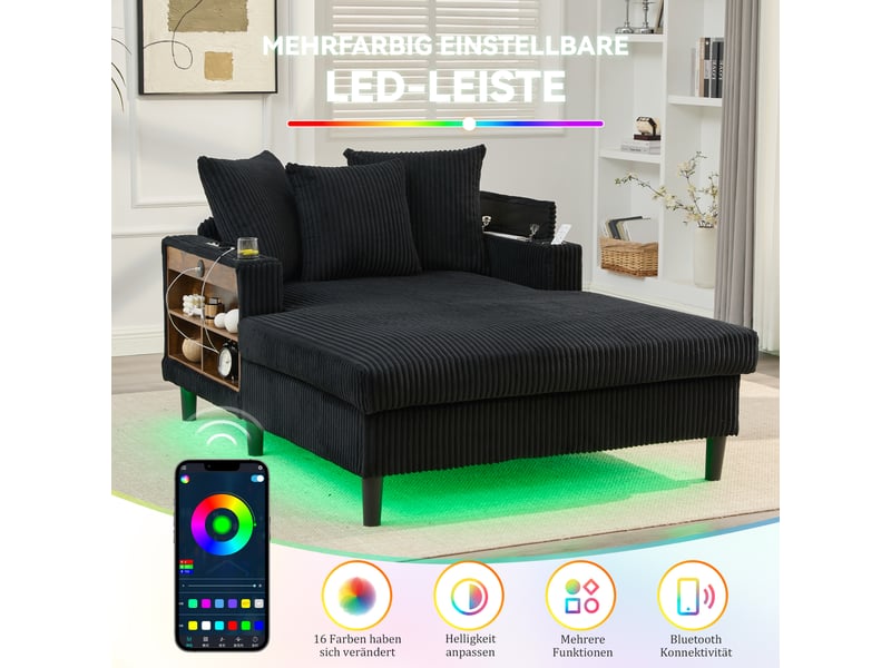  Méridienne 1 place en velours côtelé noir avec éclairage led et usb W2845S00402 - Conforama D