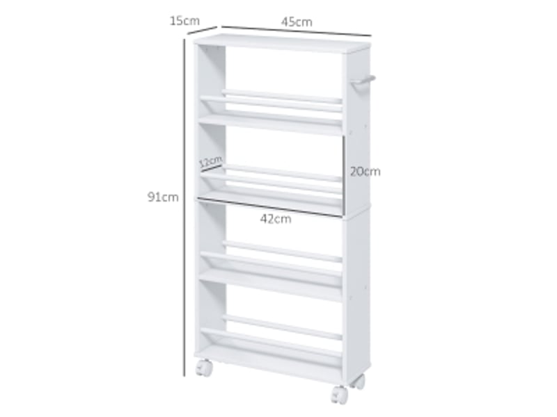  Desserte de cuisine étroite avec 4 niches et roulettes avec frein pour cuisine et salle de bain 45×15×91 cm blanc  - Conforama D