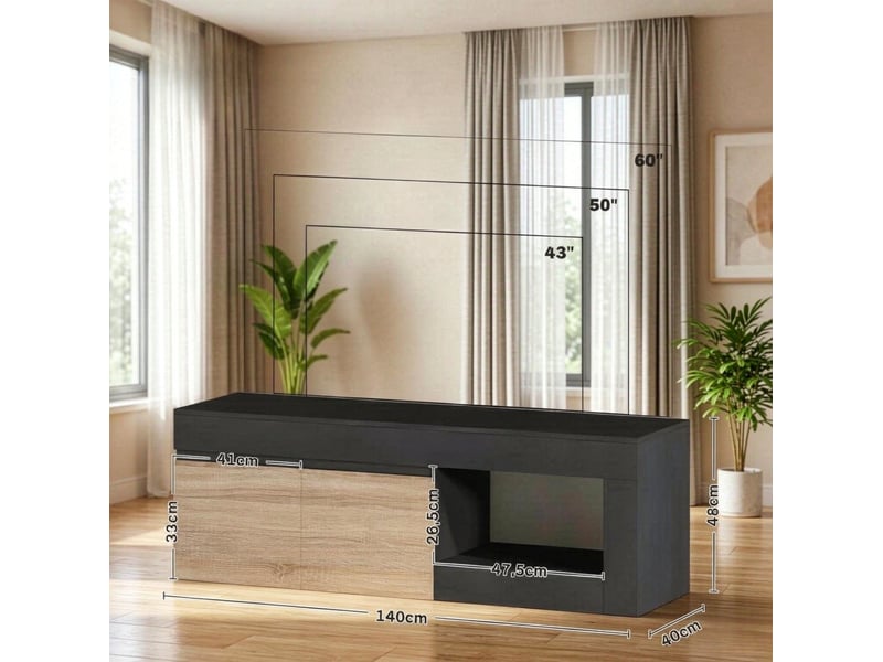  Meuble tv 140 cm noir et décor bois clair, 2 portes, niche ouverte, jusqu’à 60 pouces  - Conforama C