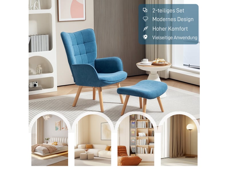  Fauteuil avec pouf à dossier haut capitonné et repose-pieds assorti, pieds en bois de hêtre, en velours côtelé bleu  - Conforama D