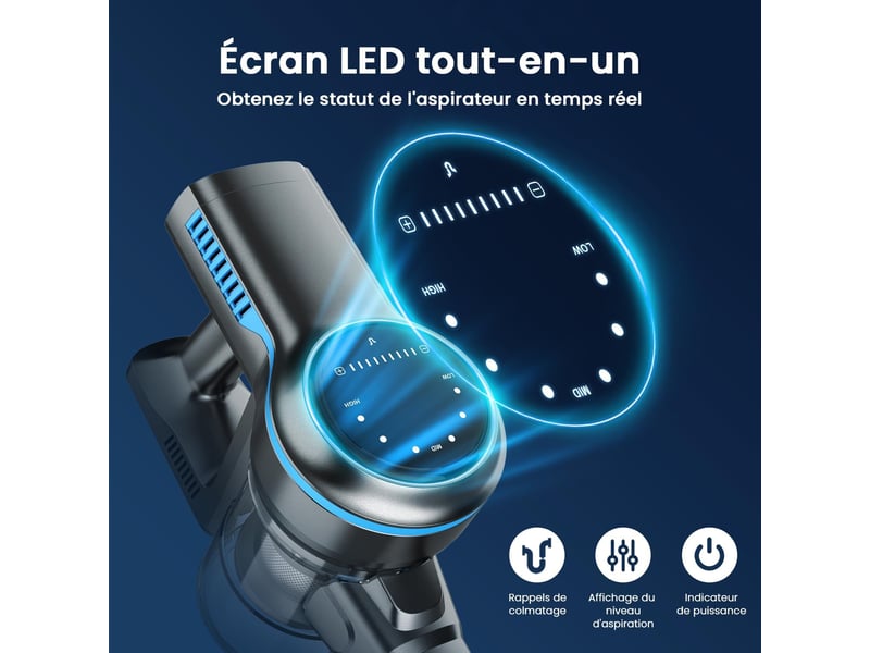  Aspirateur balai sans fil bleu avec écran led, brosse rouleau souple, aspiration 26 kpa, autonomie jusqu'à 45 min  - Conforama D