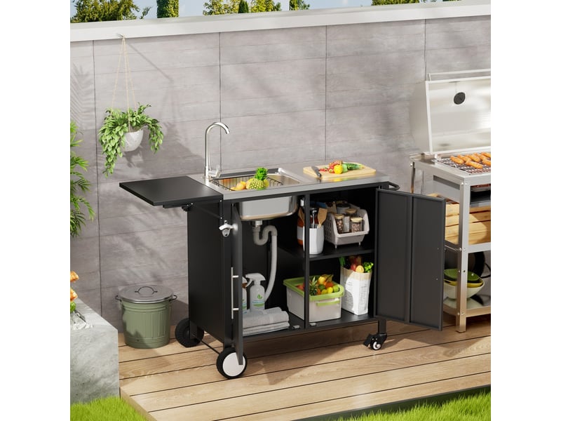  Table barbecue évier îlot cuisine plan rabattable armoire rangement métal chariot roulettes jardin cour pelouse  - Conforama B