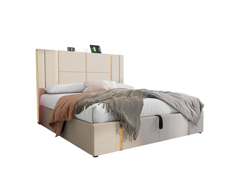 Lit double 180x200 cm avec coffre, led et usb-c, sommier inclus, lin beige - Conforama A
