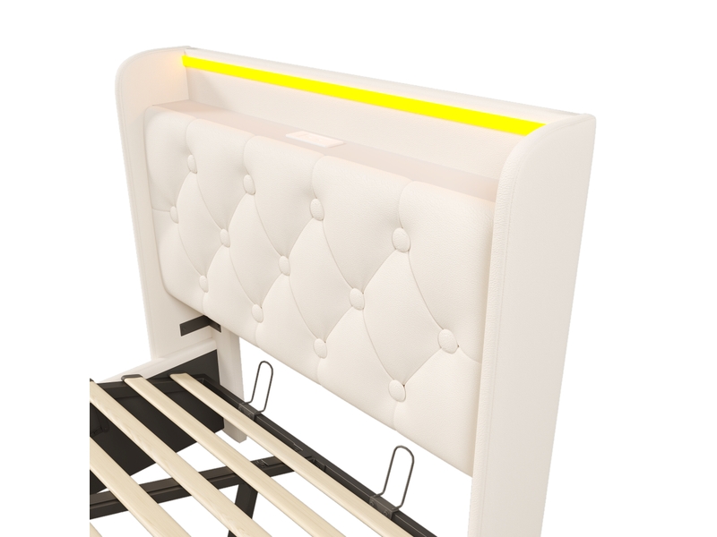  Lit coffre simple 90x200 cm avec led et rangements, pu, blanc, sans matelas  - Conforama E